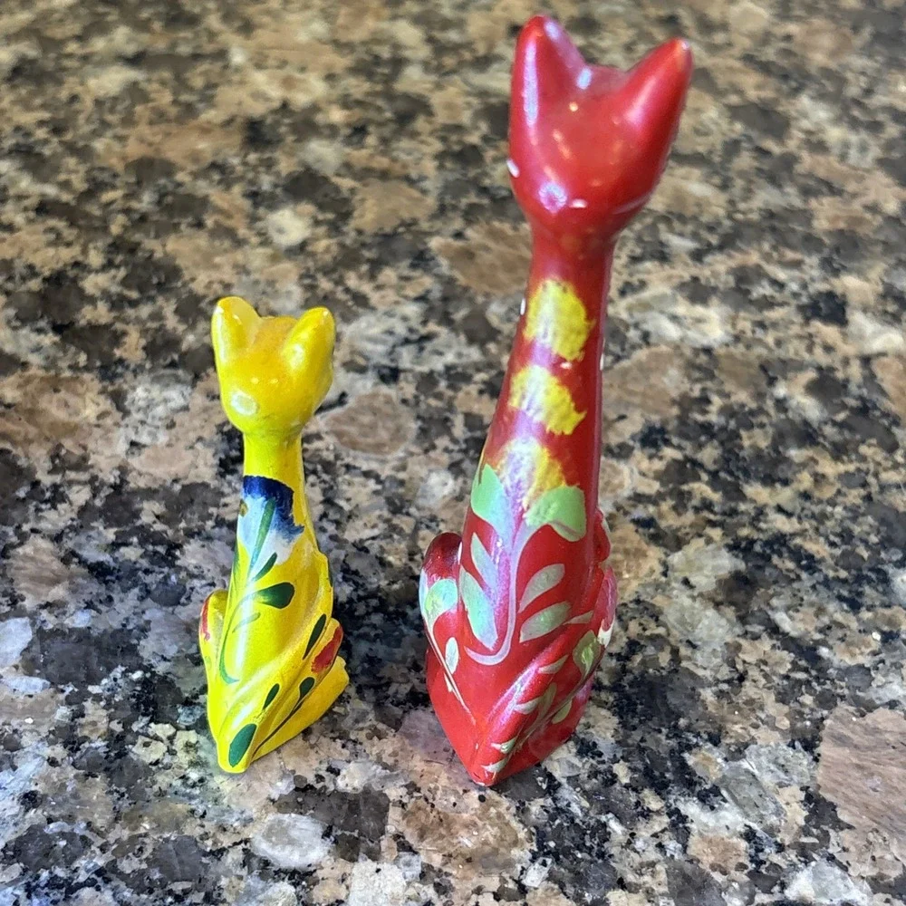 2 Vintage Long Necked Cat Figurines Hand Painted in Portugal Red Yellow Folk Art